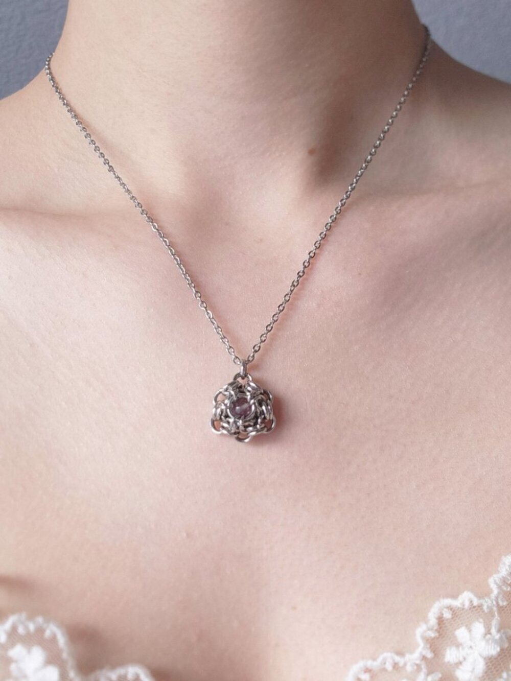 Vintage silver and purple necklace with a small silver chain
